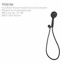 ECT Curo Black Shower Head (3 function) on bracket (Elbow built in) with black hose